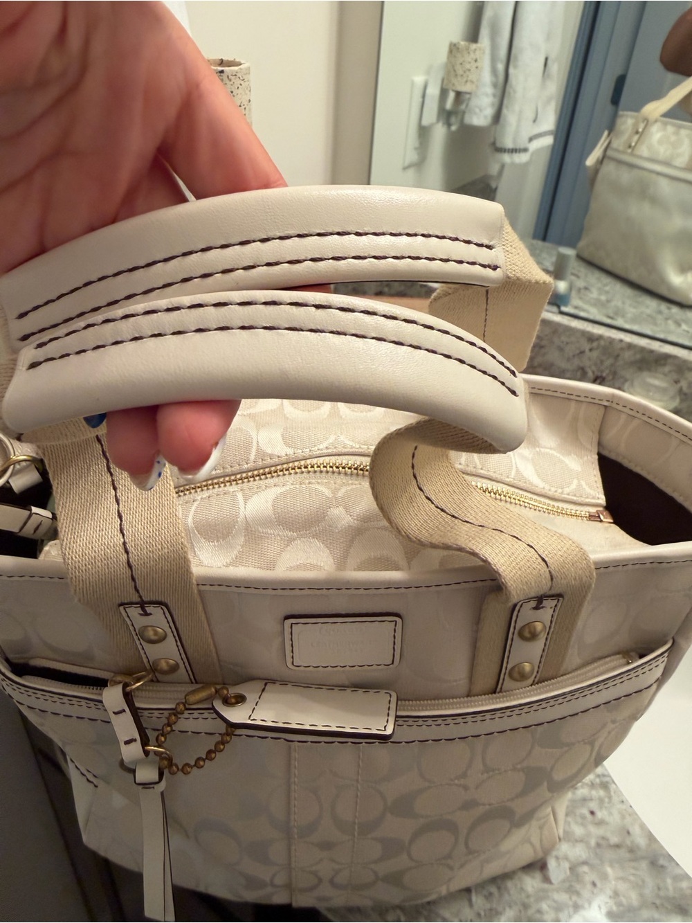 COACH Cream and Beige Signature Canvas Tote with Leather Charm - Picture 4 of 16